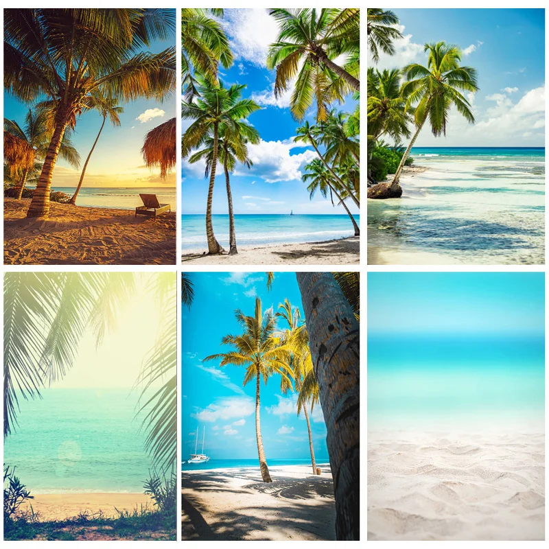 Летний фон для фотосъемки с изображением тропического моря пляжа пальм дерева |
