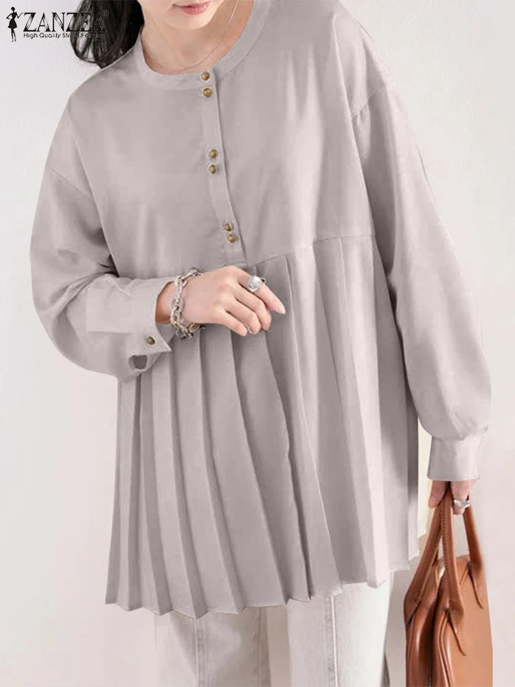 

Women's Blouse ZANZEA Spring Pleated Top 2023 Fashion Solid Swing Blusa Casual Long Sleeve Shirt OL Camisas White Oversize Tunic