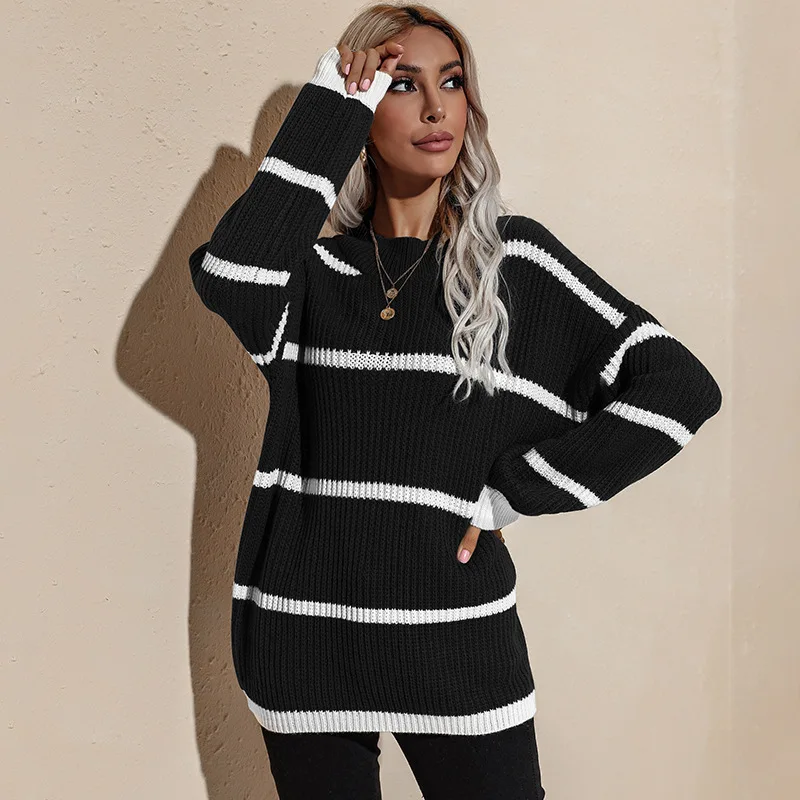 

Women's Autumn and Winter New Round Neck Retro Loose Wild Sweater Knit Top Striped Sweater Comfortable and Fashionable sweater