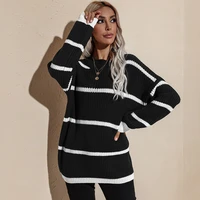 womens autumn and winter new round neck retro loose wild sweater knit top striped sweater comfortable and fashionable sweater