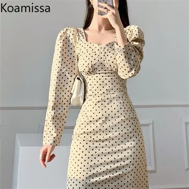 Koamissa Retro Women Bodycon Maxi Dress Long Sleeves Puff Long Sleeves Slim Chic Korean Dresses Spring Autumn Vestidos 2022