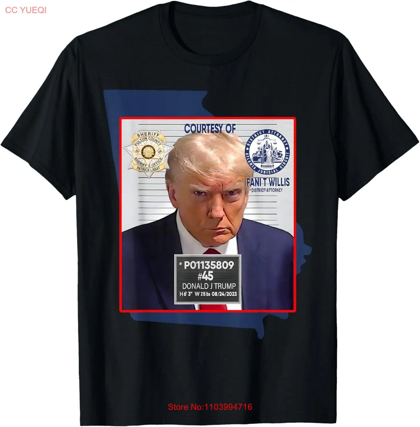 Фото Футболка с изображением Трампа мугshot фултона, округа Джорджия, шерифа, маленькая, Черная №1