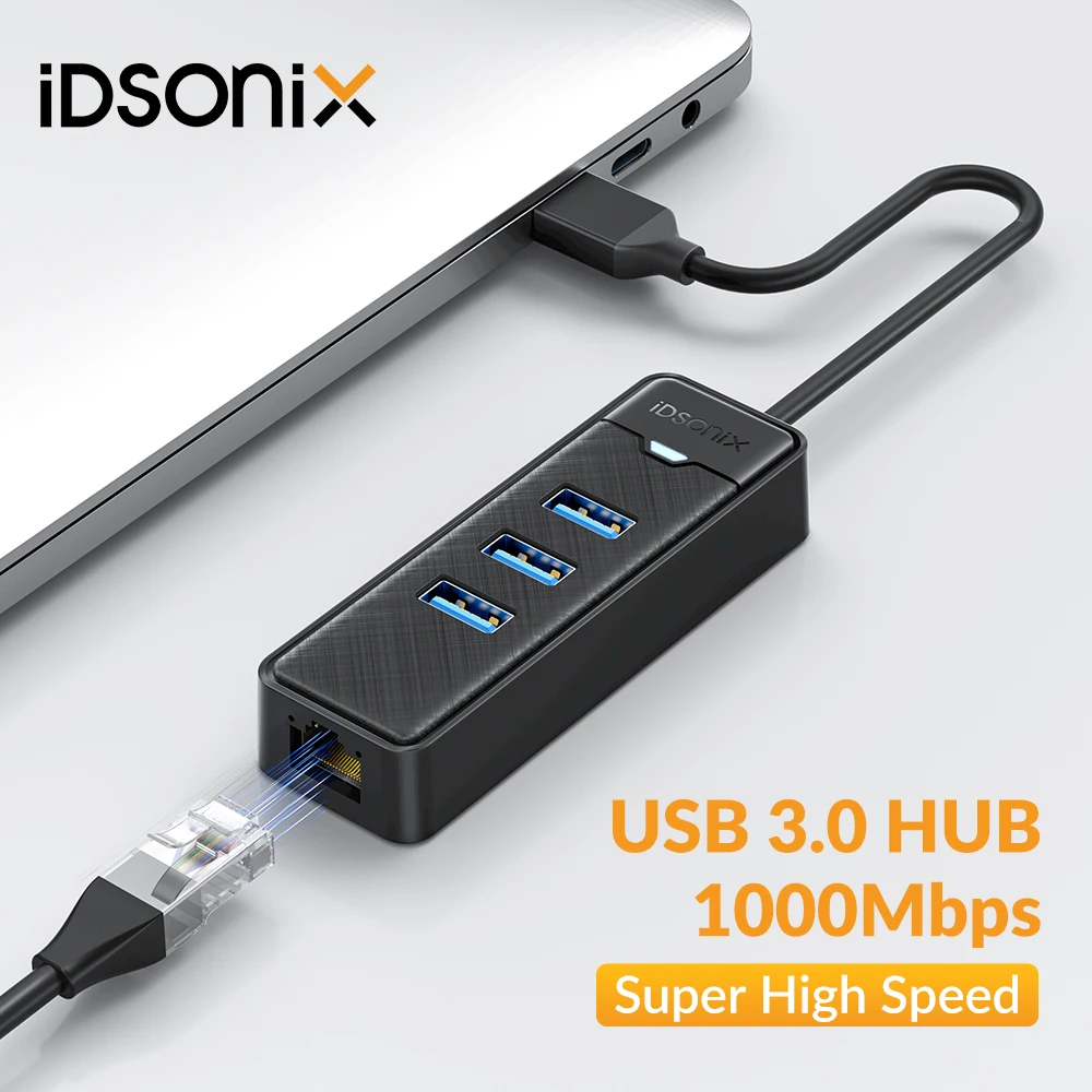 iDsonix 1000Mbps Ethernet USB 3.0 Hub With RJ45 USB Splitter Multi Port Data Adapter Expander for Laptop Computer PC Accessories