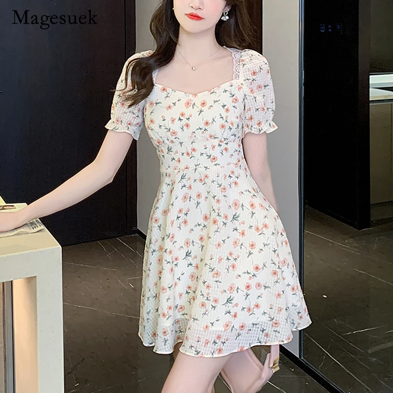 

Korean Short Sleeve Party Dress Floral Print Casual Summer Sweet Mini Dress New Fashion Chic Chiffon Dress Women Robe 22177