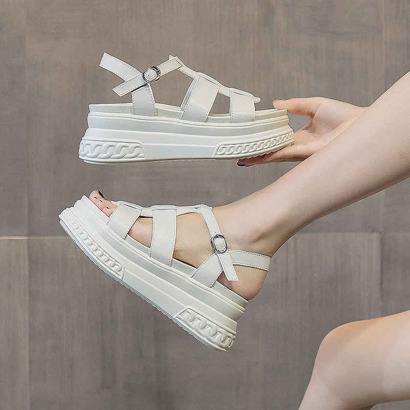 Breathable Material 7cm Platform Microfiber Women Sandals Roman Casual Increase Height Fashion Buckle Summer Wedges Chunky Shoes