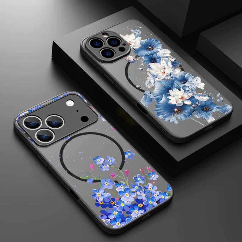 Фото Синий магнитный чехол с цветочным узором для iPhone 17, 17e, 16e, 16, 15 Pro, 14, 13 Pro Max, совместимый с MagSafe, полупрозрачный матовый жесткий чехол из поликарбоната №2
