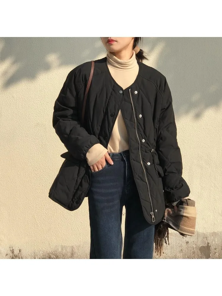 Short Cotton-Padded Quilted Plaid Black Parkas Jacket Women's 2022 Winter New Korean Collarless Loose Elastic Waist Warm Coats