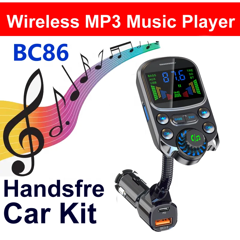 

BC86 Car MP3 Player with Bass PD3.0 QC3.0 Fast Recharge FM transmitter with Colorful HD Screen USB Charger Hands-free Car kit