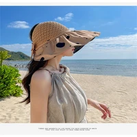 summer new black knit empty top fisherman hat women outdoor beach sunshade sunhat fashion polka dot can be folded to carry