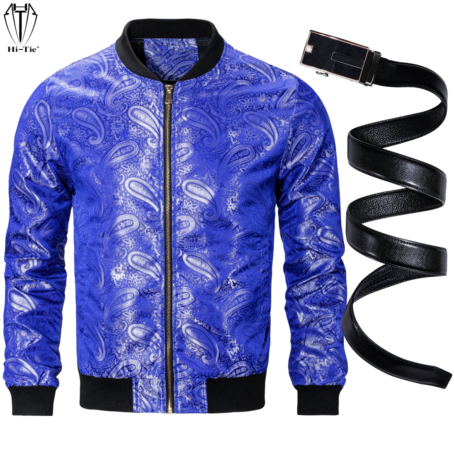 

Hi-Tie Blue Purple Mens Jacket Zipper Coat Jacquard Sport Streetwear Uniform Black Automatic Buckle Real Leather Belt Waistband