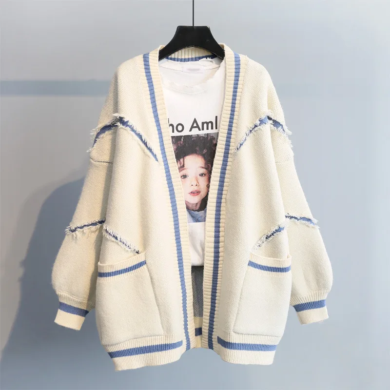 

Spring Autumn Korean version English letters fashion thickened knitted mid-length sweater cardigan women High Street Loose coat
