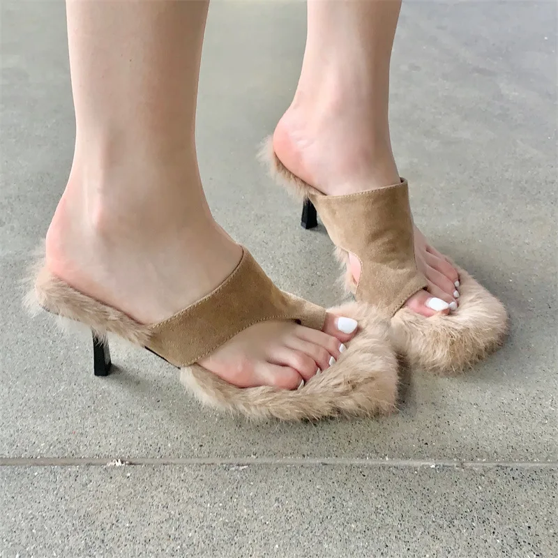 Ladies Slippers Rabbit Fur Thin High Heels New Women Slippers Fur Fashion Party Autumn Summer Flip Flops Dress Party High Heels