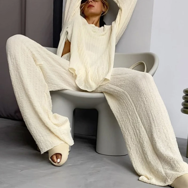 

Женский Повседневный брючный костюм, элегантный свободный комплект из топа с длинным рукавом и круглым вырезом и широких брюк, весна 2022