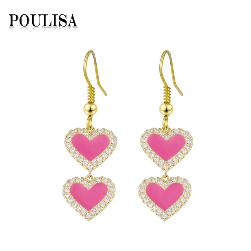 

Poulisa RED Two Heart Hollow CZ Zircon Pendientes Earrings for Women Enamel Gold Color Dangle Hoop Earring Jewelry Gifts ерьги