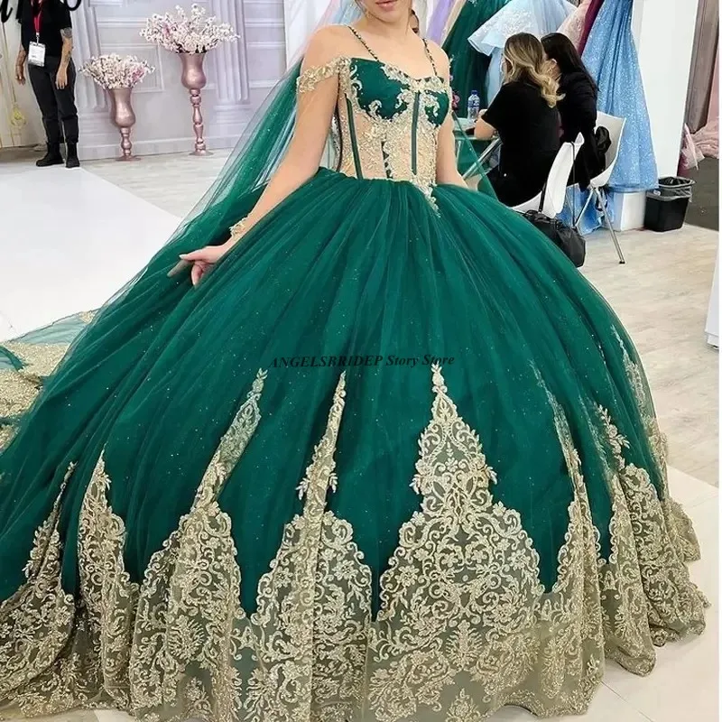 ANGELSBRIDEP Темно-зеленое бальное платье Quinceanera Платья с золотыми аппликациями Ballkleider