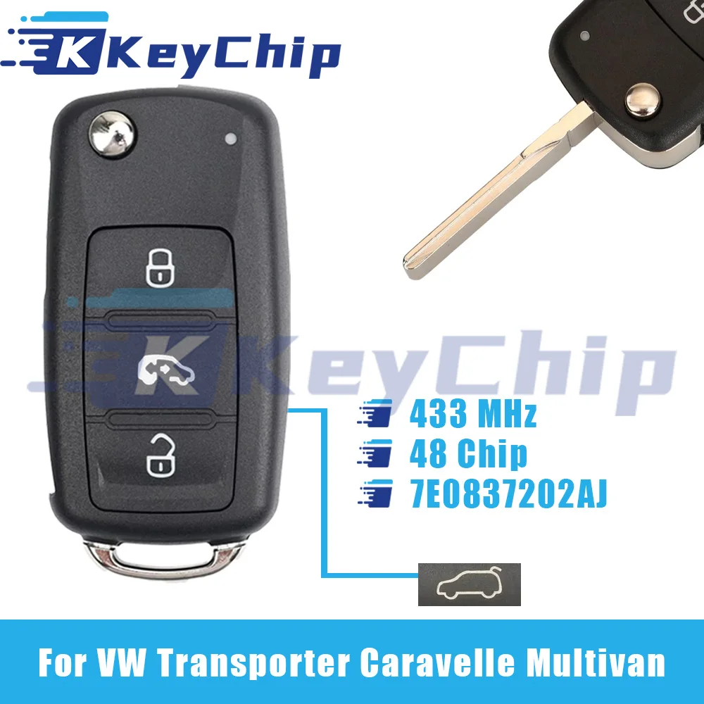 

Ключ-чип Pro для VW Transporter, Caravelle, Multivan, 4 кнопки, выкидной ключ, 433 МГц, чип 48, 7E0837202AJ