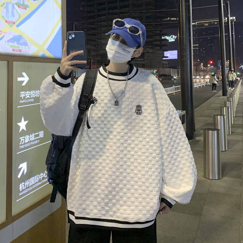 

Y2k Harajuku Style Solid Color High Street Design Sense Men's Spring and Autumn Loose National Tide Waffle Thin Top Long Sleeve