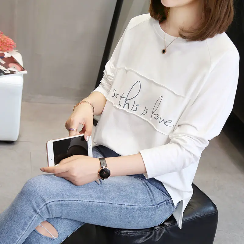 

Spring Autumn Women Loose Long-Sleeved T-shirts Female Oversized Letter Print O-neck Tops All-match Patchwork Clothes Streetwear