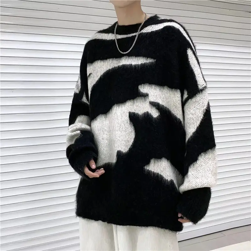 Striped Pullovers Men's Harajuku Clothes Design Sweater Personality Knitted Print Women's Korean Fashion Oversize Hip Hop