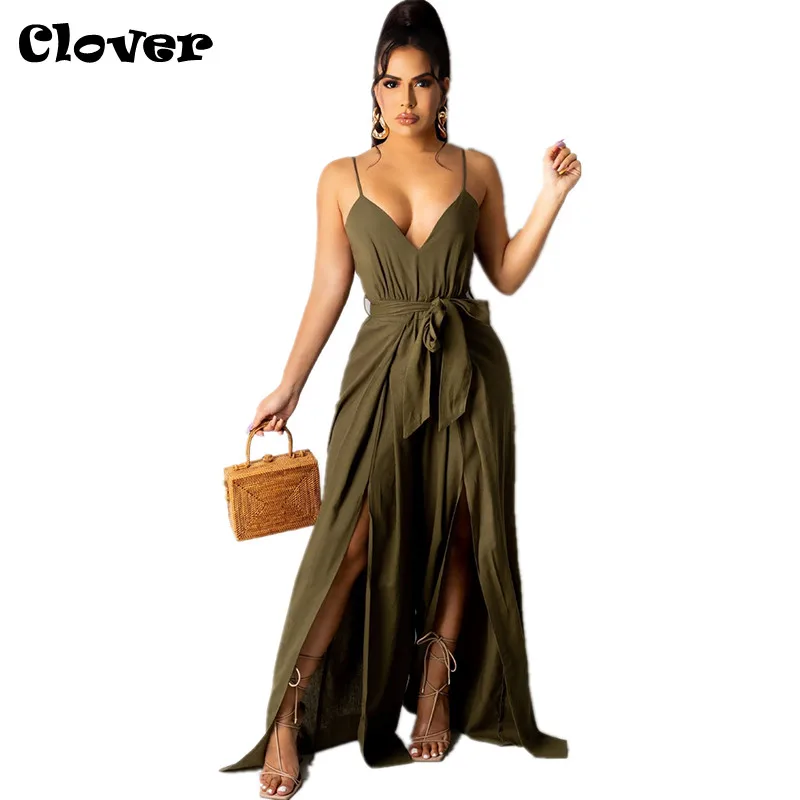

Chiclover Fashion Suspenders Wide Leg Slit Summer Clothes for Women Deep V Neck Solid Color Sexy Halter Jumpsuit Dropshipping