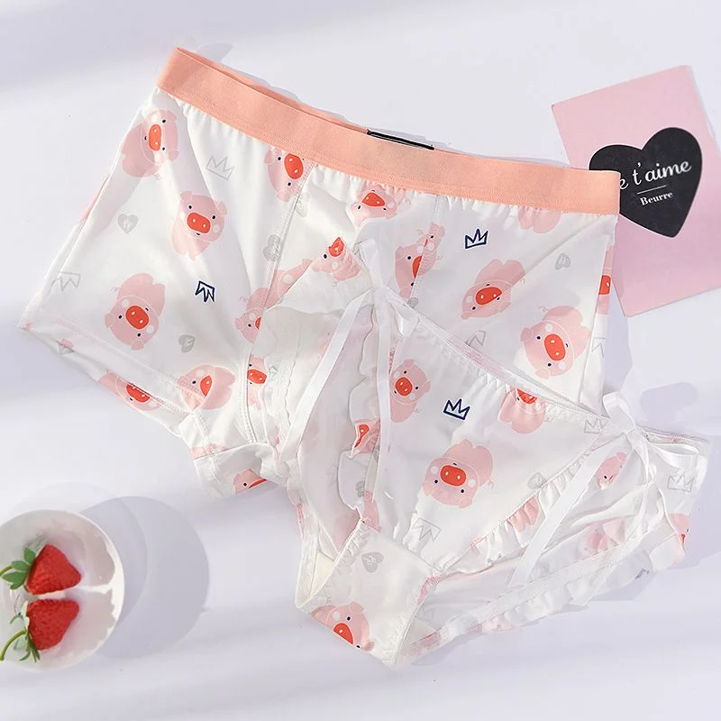 2PCS Sexy Couple Women Lingerie Men's Boxers Panties Underwear Pig Printing Panties Women Boy Girls Lovers Underpants Lingeries