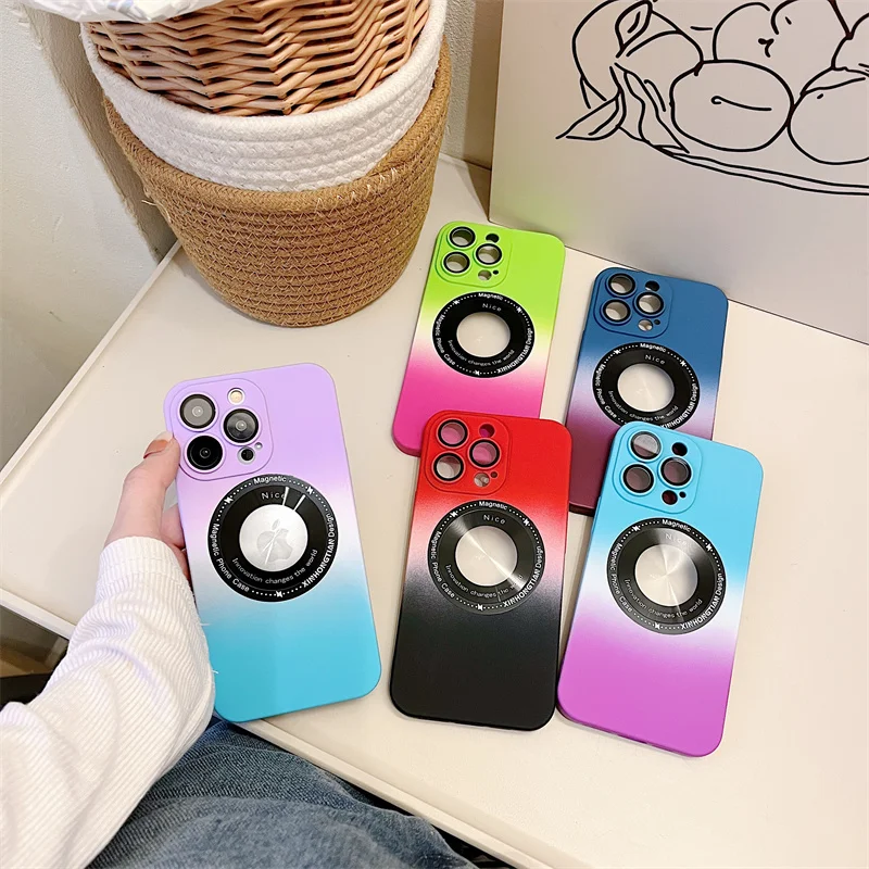 

Gradient Color Logo Hole Hard PC Phone Case For iPhone 14 13 12 11 Pro Max Plus For Magsafe Wireless Magnetic Charging Cover