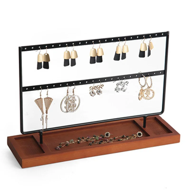 Earrings Organizer Jewelry Display Stand, 3-Tier Earring Holder Rack with Wooden Tray for Earrings Necklaces Bracelets Storage