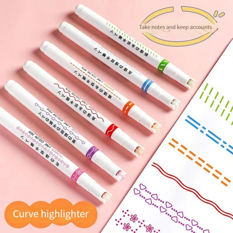 3/6pcs Heart Flower Dot Line Shaped Highlighter Pen Color Roller Tip Curve Liner Marker Novelty Stationery School - купить по