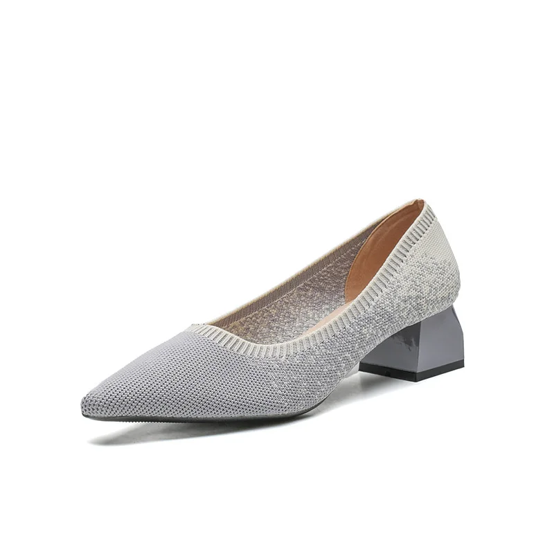 

Pure Color Knitting Shoes Single Shoes Female 2023 New Thick Heel Pointed Shallow Mouth Spring and Autumn Women Knitting Shoes