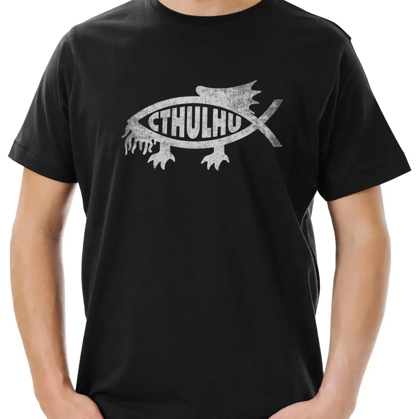 Фото Мужская футболка Cthulhu Fish Ichtys Dämon Deamon Sign Call Monster Horror, винтажная, с эффектом потертости, для повседневной носки, мягкая, универсальная №1