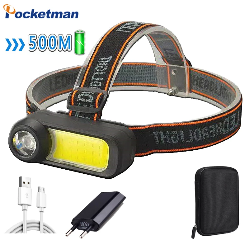 

Powerful COB+LED Headlamp Portable 500M Long Range Headlight USB Rechargeable Head Lamp Head Torch Light with Battery