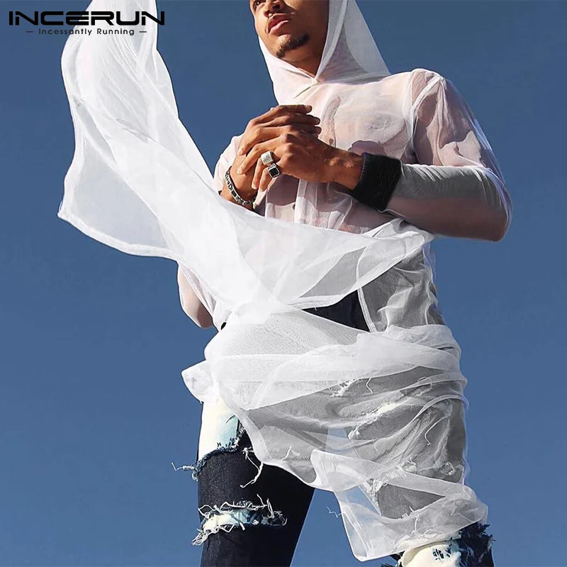 

INCERUN 2022 мужские халаты в американском стиле, дышащая сетчатая прозрачная Мужская модная свободная удобная домашняя одежда с разрезом и капю...