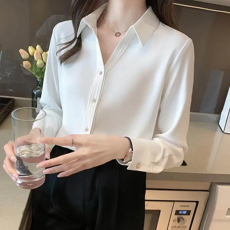 Office Formal Top Long Sleeve Brushed Chiffon Thick Single-breasted Tops Women Spring Simple High-End Satin White Shirt Women
