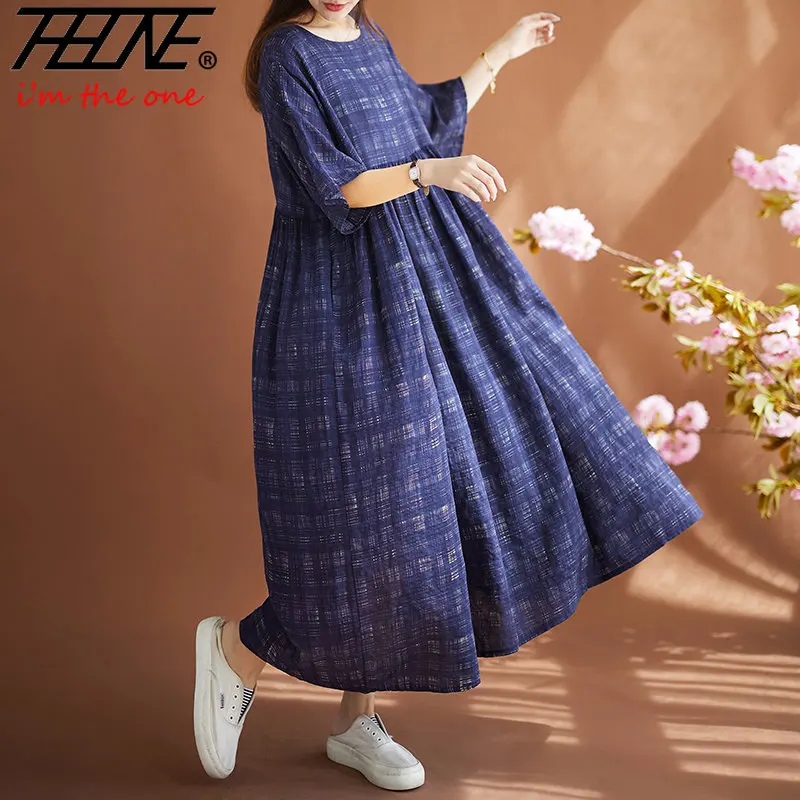 

Женское винтажное платье в клетку, повседневное Свободное длинное платье из хлопка и льна с высокой талией и принтом, в Корейском стиле, большие размеры, на лето