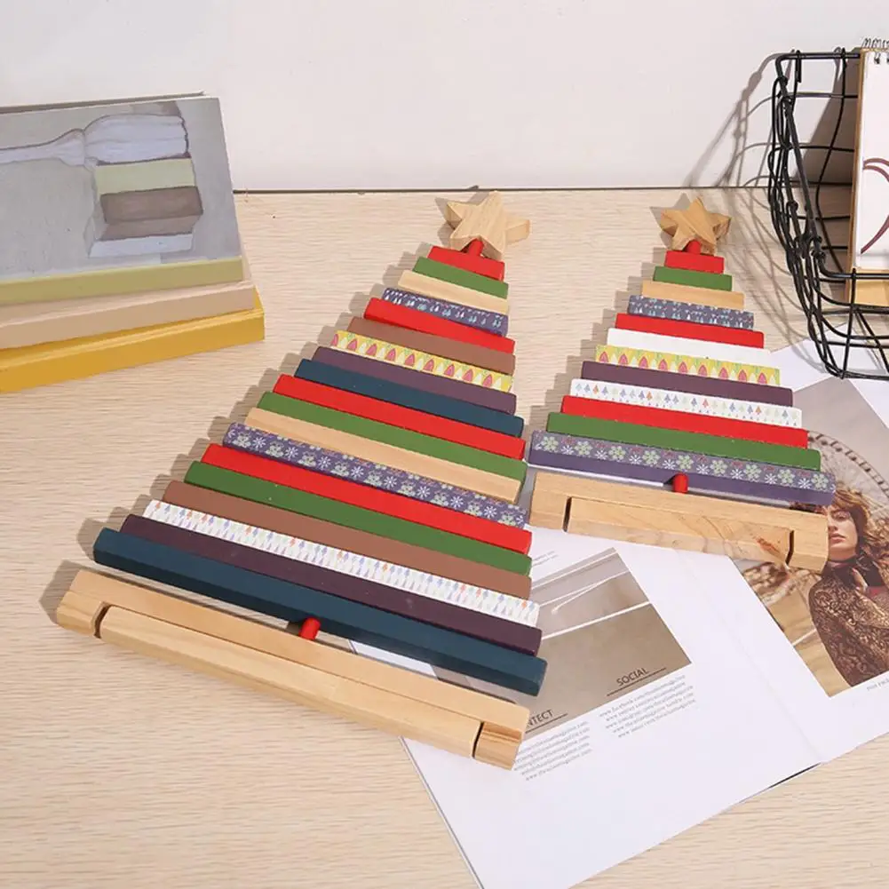 

Holiday Event Decoration Rotating Wooden Christmas Tree Building Blocks Festive Desktop Ornaments for Home Decor