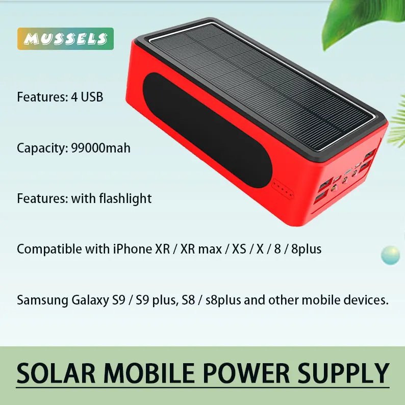 

Портативный внешний аккумулятор на солнечной батарее, 99000 мАч, большой емкости со светодиодным индикатором, 4 USB-порта, быстрая зарядка для ...