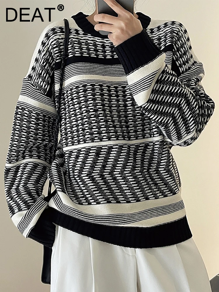 

DEAT Fashion Women's Knitted Pullover Round Neck Contrast Color Long Sleeve Medium Stretch Sweater Spring 2023 Trend New 17A6450