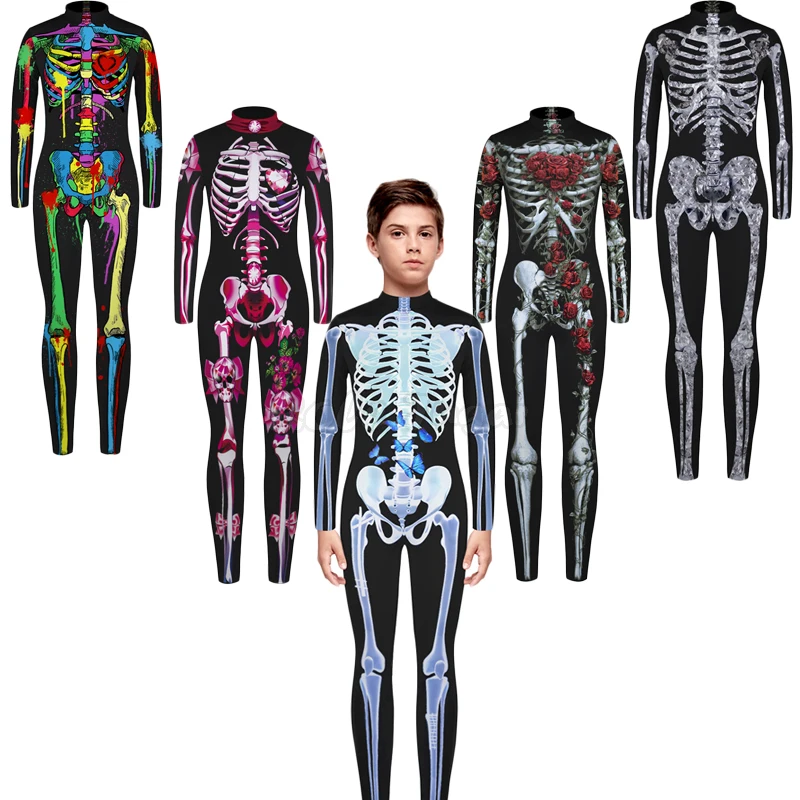 

Scary Skeleton Jumpsuit Halloween Costumes for Kids Boys Girls Cosplay Carnival Party Tight Horror Skull Bodysuit