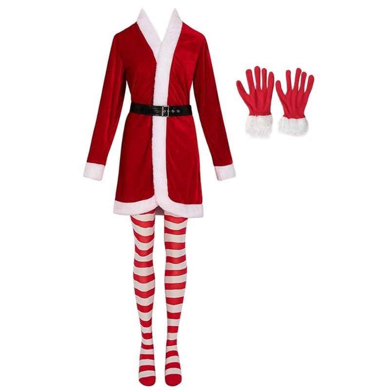 95AB 4 шт. комплект костюма Санты женский рождественский костюм платье полосатые