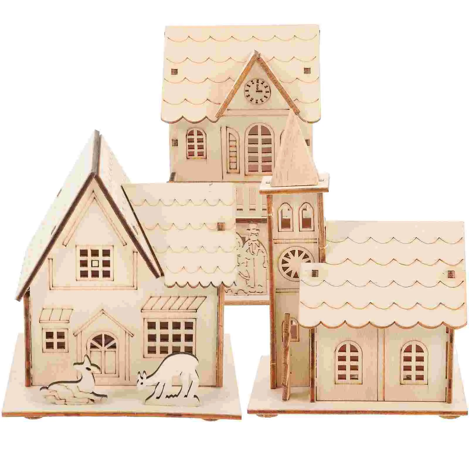 

3 Pcs Gift Christmas Tree Ornaments Xmas Wooden House Decors Decorate Adornment Luminous
