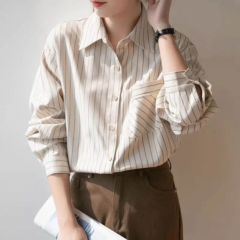 Осенняя элегантная синяя полосатая рубашка с длинным рукавом шикарная свободная