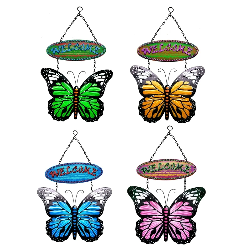 

T5EB Wrought Iron Butterfly Welcome Sign Hanging Ornament Metal Wall Art Decor for Home Garden Farmhouse Front Door Decor