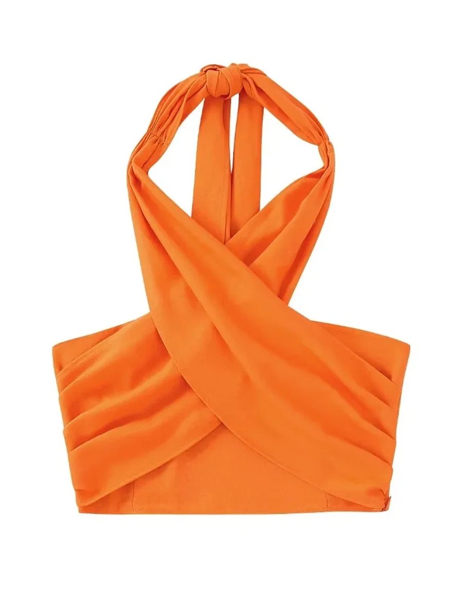 

Women Fashion Orange Pleated Halter Neck Cropped Tops 2022 Summer New Straps With Tied Beach Style Female Camis For Holiday