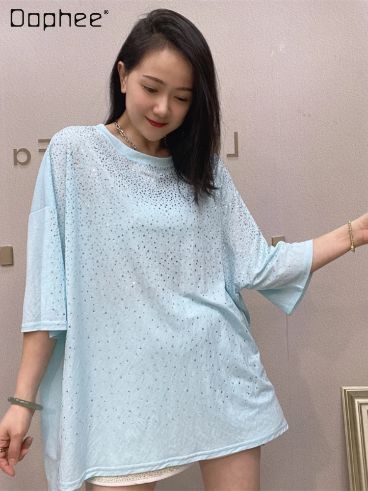 

Women Simple Starry Large Short Sleeve Top 2022 Loose Women's Clothing Pullover Medium Hot Drilling Five-Quarter Sleeve Tshirts