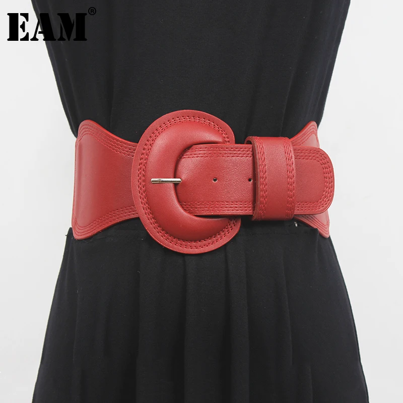 

[EAM] Pu Leather Red Big Buckle Long Elastic Wide Belt Personality Women New Fashion Tide All-match Spring Autumn 2023 1DF2070