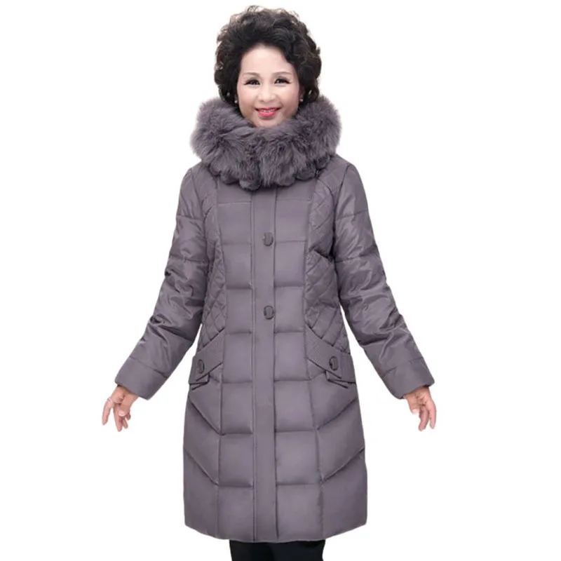 2022 Women Mother Duck Down Coat Padded Jacket Long Parkas for Mama Fox Fur Collar Hooded Thick Warm Outer Wear XXXXXL 4XL 5XL