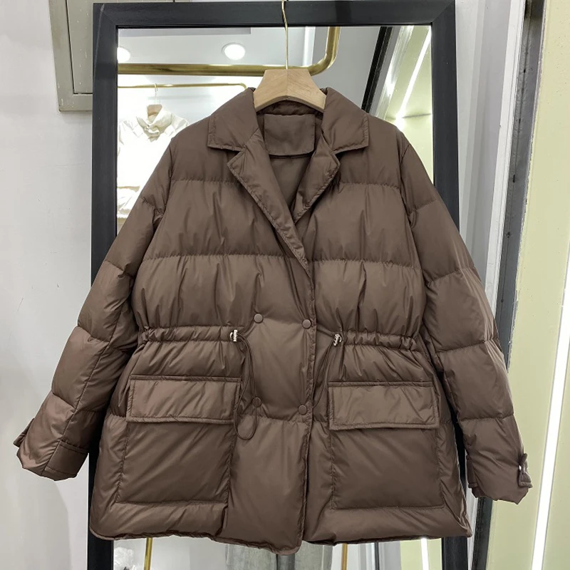 Women's Winter  Jacket Korean Version Thick Waisted Suit Lapel Mid Length White Duck Down Coat