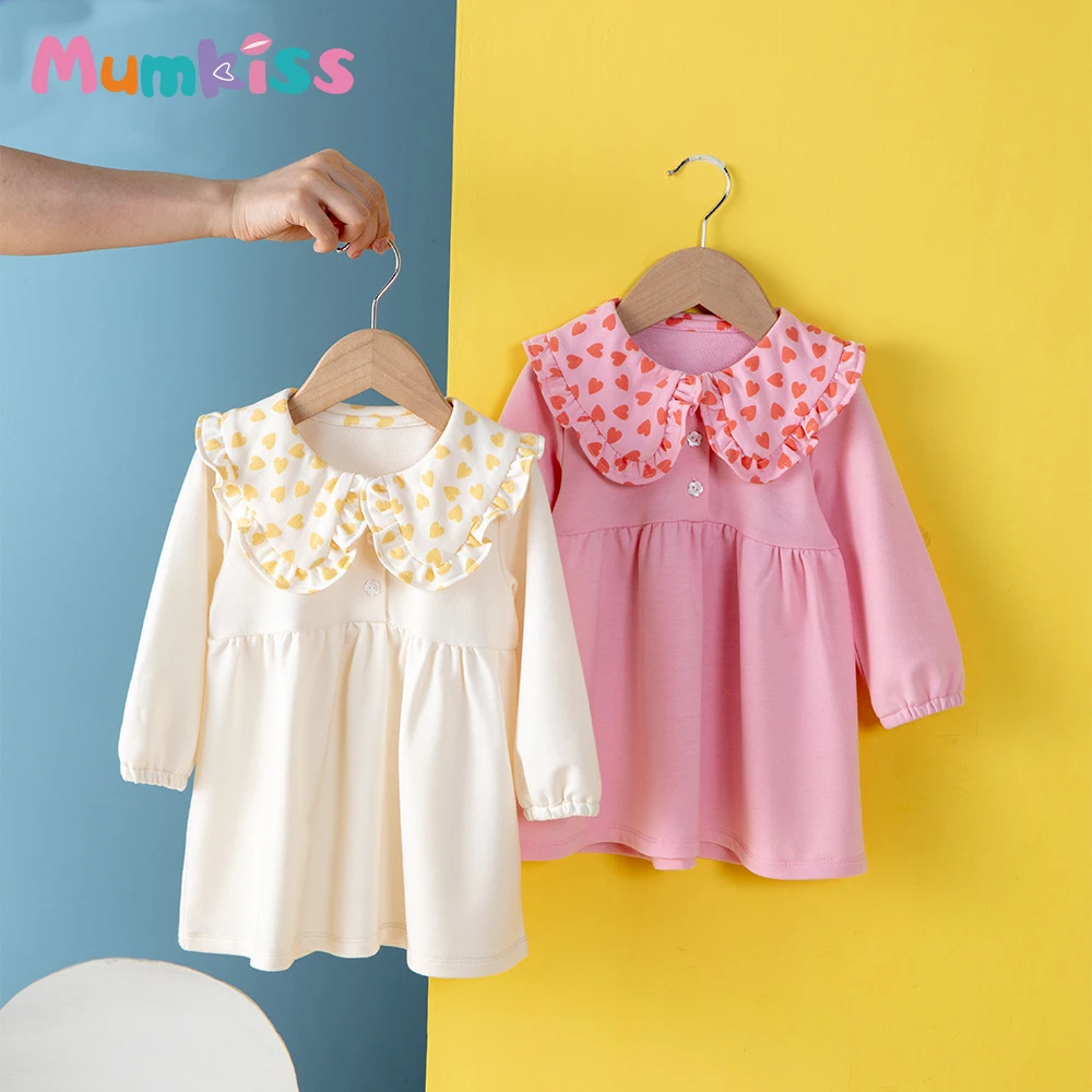 

Mumkiss Baby Girls Dress for Spring and Autumn Babi Kids Lapel Doll Collar Pincess Skirt Children Cotton Long-Sleeved Clothes