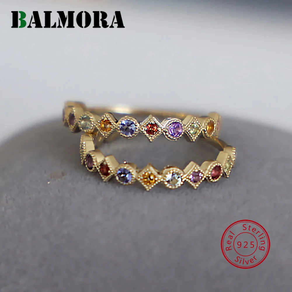 

BALMORA S925 Silver Gold Colorful Zircon Finger Rings For Women Girl Retro Vintage Trendy Banquet Party Statement Jewelry Gift
