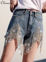 rhinestone chain frayed edge ripped a line denim shorts for ladies 2022 summer new fashion high waist slim fit shorts womens